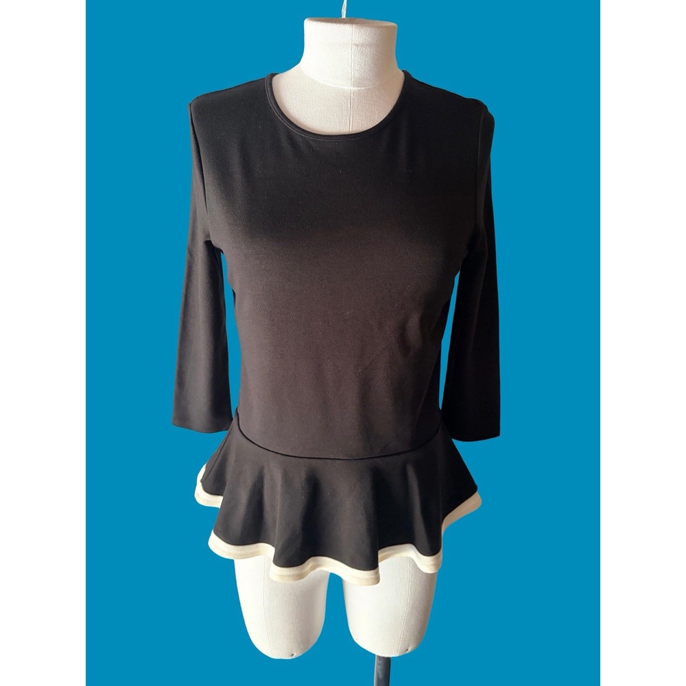 Lauren Ralph Lauren Black Long Sleeve Top With White Trim Ruffle Peplum Hem PM